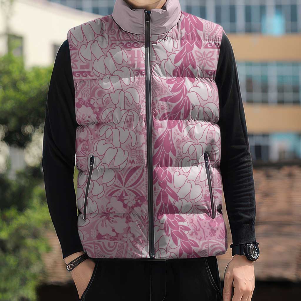 Pink Puakenikeni and Maile Lei Sleeveless Puffer Jacket Hawaiian Style Tribal Tapa Double Strand Lei - Polynesian Pride