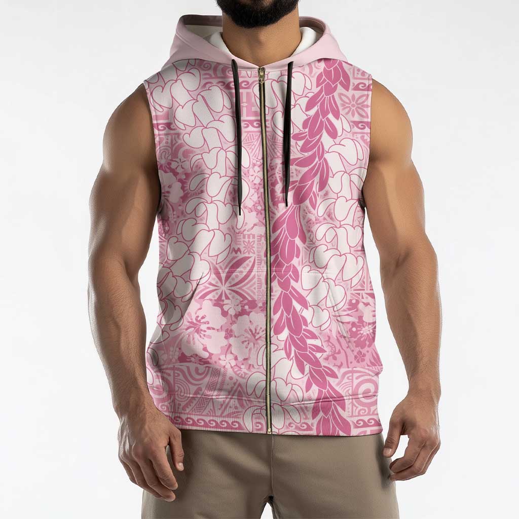 Pink Puakenikeni and Maile Lei Sleeveless Zip Hoodie Hawaiian Style Tribal Tapa Double Strand Lei - Polynesian Pride