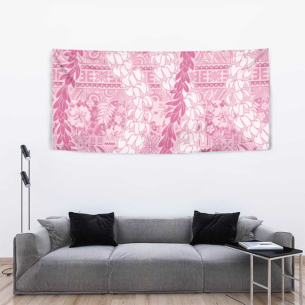 Pink Puakenikeni and Maile Lei Tapestry Hawaiian Style Tribal Tapa Double Strand Lei