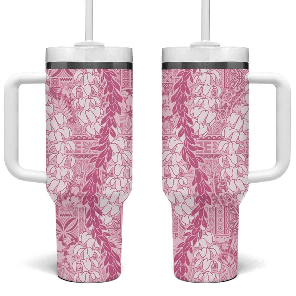 Pink Puakenikeni and Maile Lei Tumbler With Handle Hawaiian Style Tribal Tapa Double Strand Lei