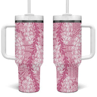 Pink Puakenikeni and Maile Lei Tumbler With Handle Hawaiian Style Tribal Tapa Double Strand Lei
