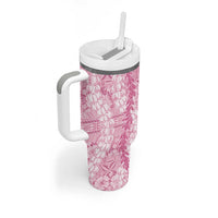 Pink Puakenikeni and Maile Lei Tumbler With Handle Hawaiian Style Tribal Tapa Double Strand Lei