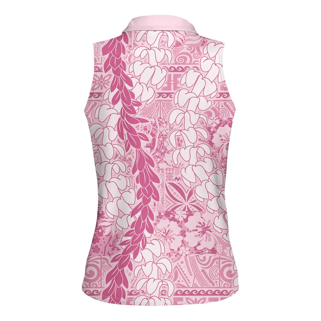 Pink Puakenikeni and Maile Lei Women Sleeveless Polo Shirt Hawaiian Style Tribal Tapa Double Strand Lei