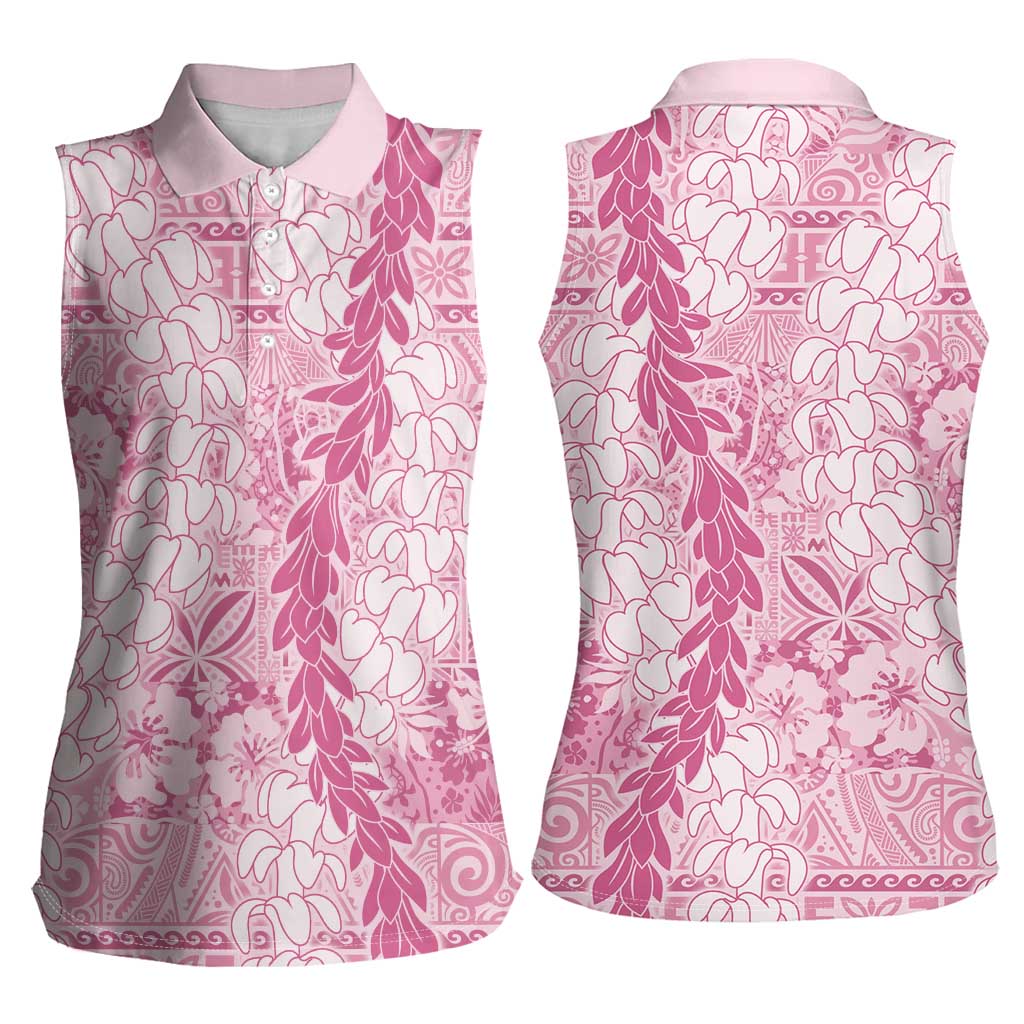 Pink Puakenikeni and Maile Lei Women Sleeveless Polo Shirt Hawaiian Style Tribal Tapa Double Strand Lei