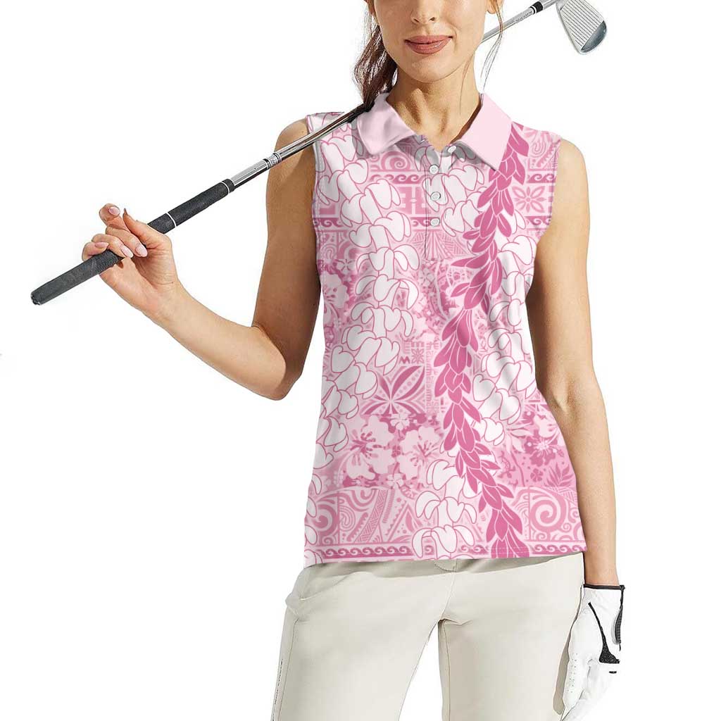 Pink Puakenikeni and Maile Lei Women Sleeveless Polo Shirt Hawaiian Style Tribal Tapa Double Strand Lei