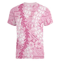 Pink Puakenikeni and Maile Lei Women V-Neck T-Shirt Hawaiian Style Tribal Tapa Double Strand Lei LT9 - Polynesian Pride