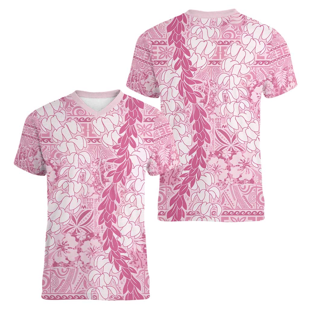 Pink Puakenikeni and Maile Lei Women V-Neck T-Shirt Hawaiian Style Tribal Tapa Double Strand Lei LT9 - Polynesian Pride