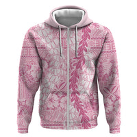 Pink Puakenikeni and Maile Lei Zip Hoodie Hawaiian Style Tribal Tapa Double Strand Lei