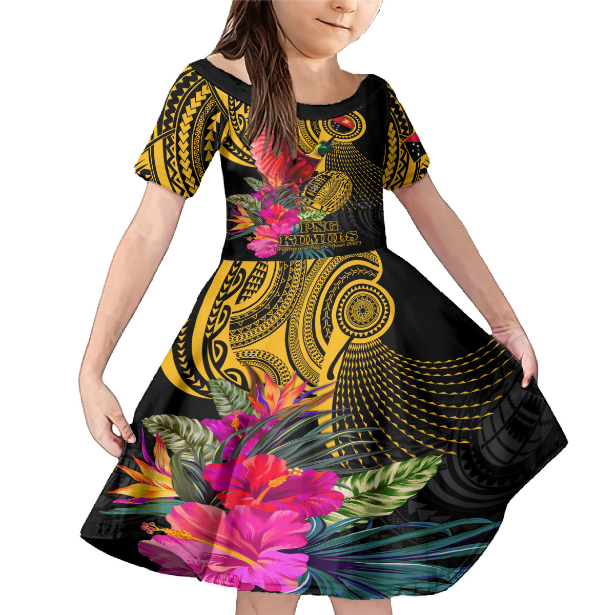 Personalised Papua New Guinea Rugby Family Matching Mermaid Dress and Hawaiian Shirt PNG Kumuls Champions Pacific Bowl LT9 Daughter's Dress Gold - Polynesian Pride