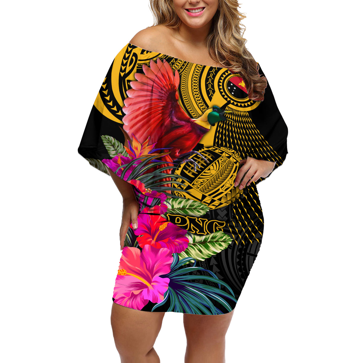 Personalised Papua New Guinea Rugby Off Shoulder Short Dress PNG Kumuls Champions Pacific Bowl LT9 Women Gold - Polynesian Pride