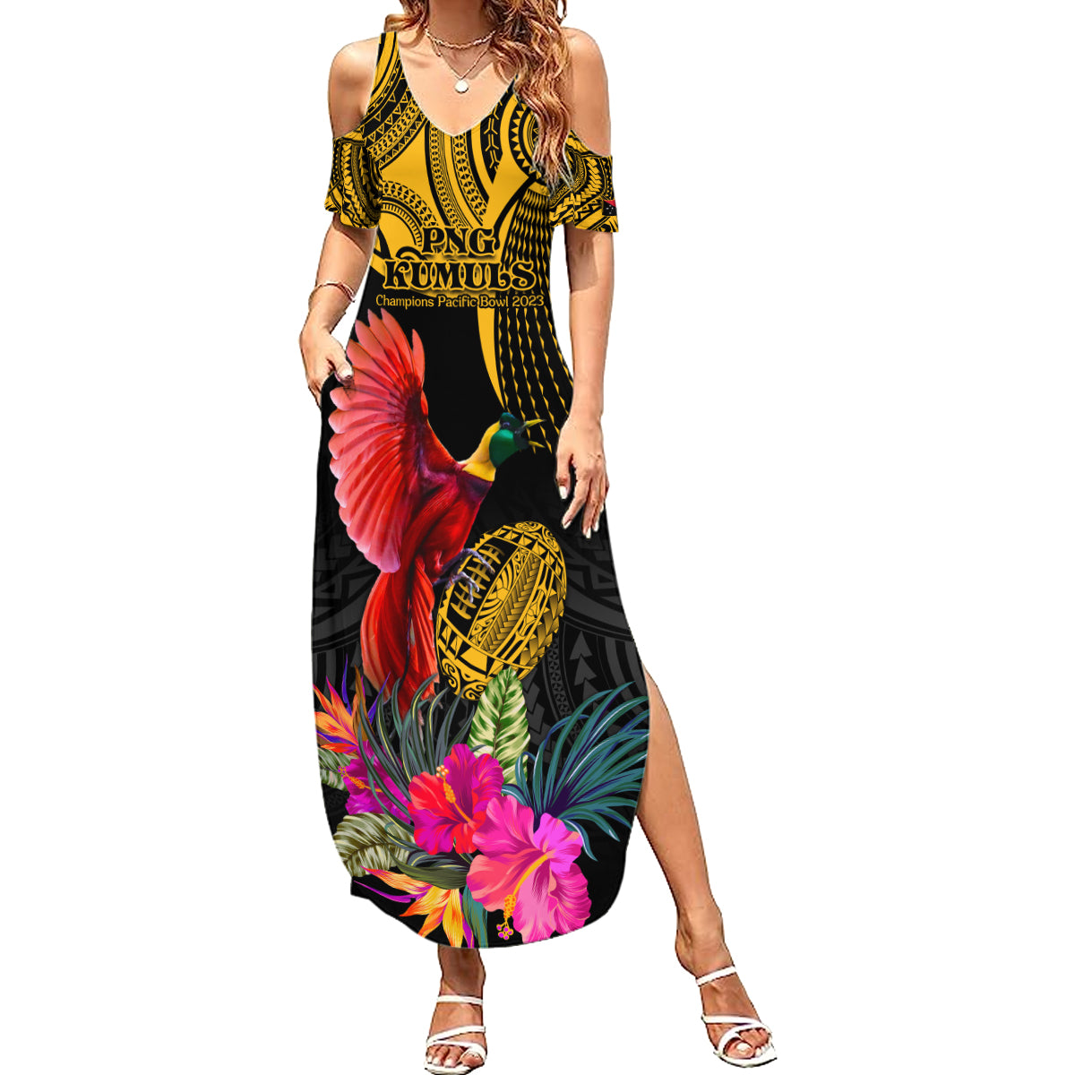 Personalised Papua New Guinea Rugby Summer Maxi Dress PNG Kumuls Champions Pacific Bowl LT9 Women Gold - Polynesian Pride