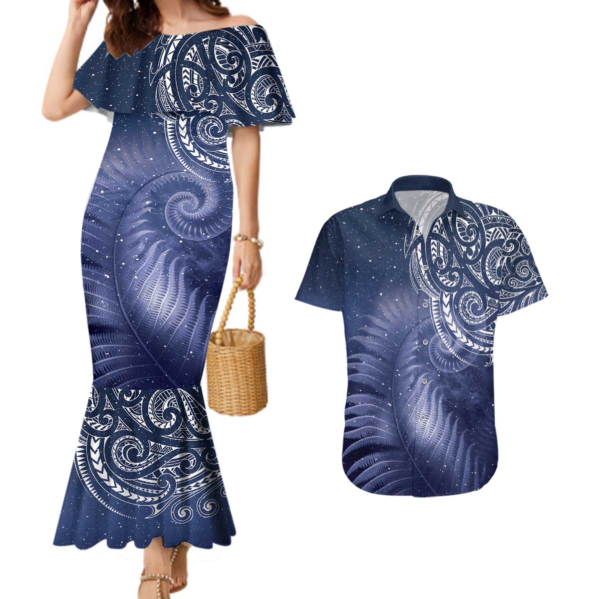 New Zealand Galaxy Fern Couples Matching Mermaid Dress and Hawaiian Shirt