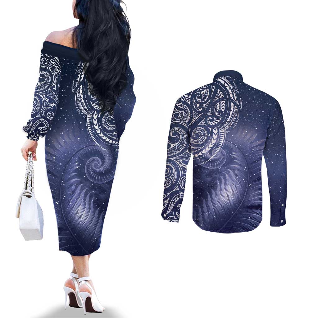New Zealand Galaxy Fern Couples Matching Off The Shoulder Long Sleeve Dress and Long Sleeve Button Shirt LT9 - Polynesian Pride