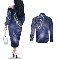 New Zealand Galaxy Fern Couples Matching Off The Shoulder Long Sleeve Dress and Long Sleeve Button Shirt LT9 - Polynesian Pride