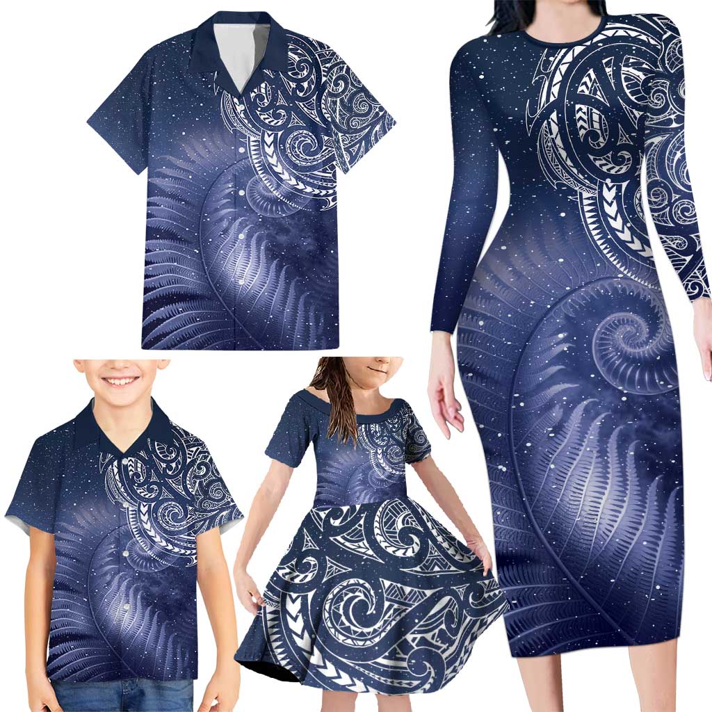 New Zealand Galaxy Fern Family Matching Long Sleeve Bodycon Dress and Hawaiian Shirt LT9 - Polynesian Pride