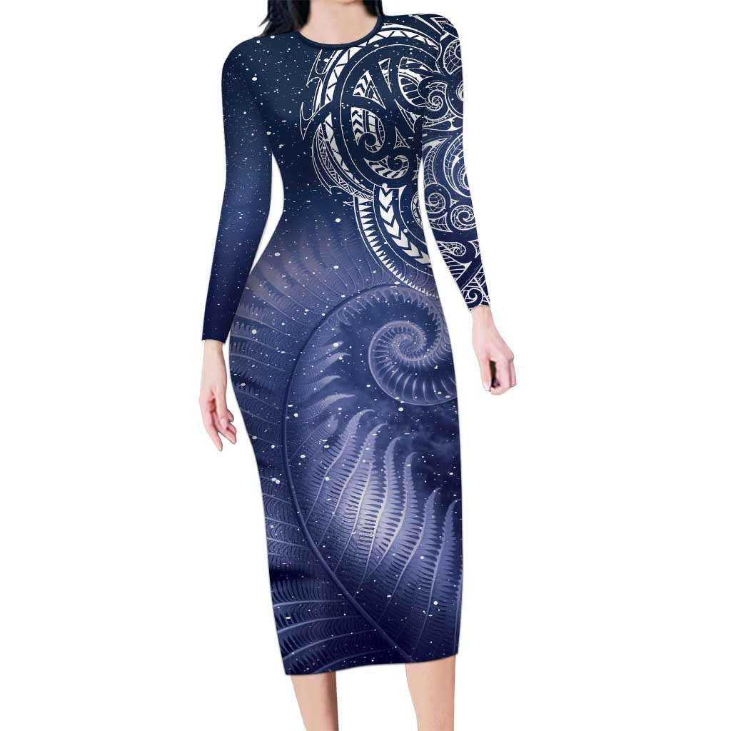 New Zealand Galaxy Fern Family Matching Long Sleeve Bodycon Dress and Hawaiian Shirt LT9 Mom's Dress Galaxy - Polynesian Pride