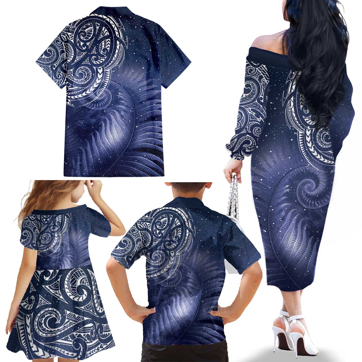 New Zealand Galaxy Fern Family Matching Off The Shoulder Long Sleeve Dress and Hawaiian Shirt LT9 - Polynesian Pride