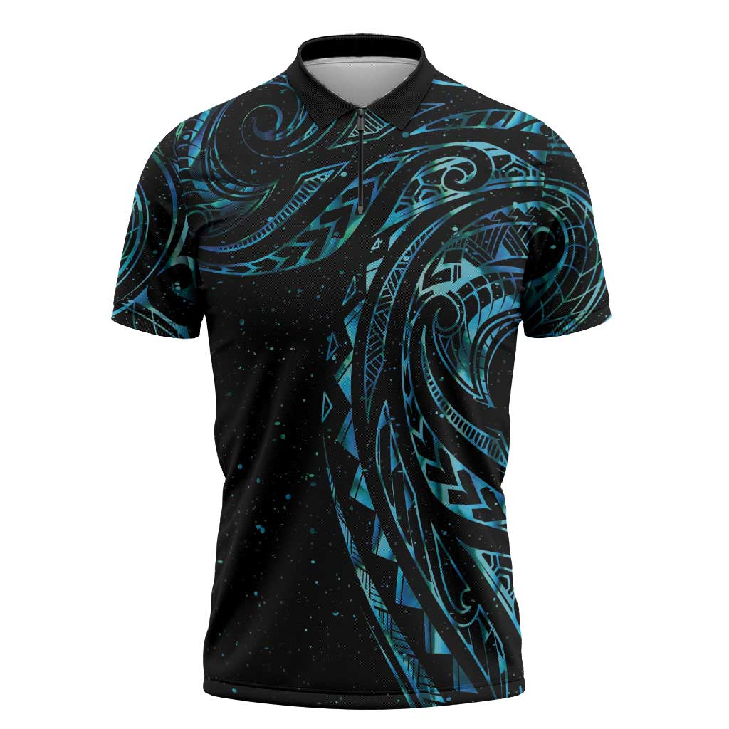 New Zealand Matariki Zipper Polo Shirt Galaxy Maori Tribal Tattoo - Polynesian Pride