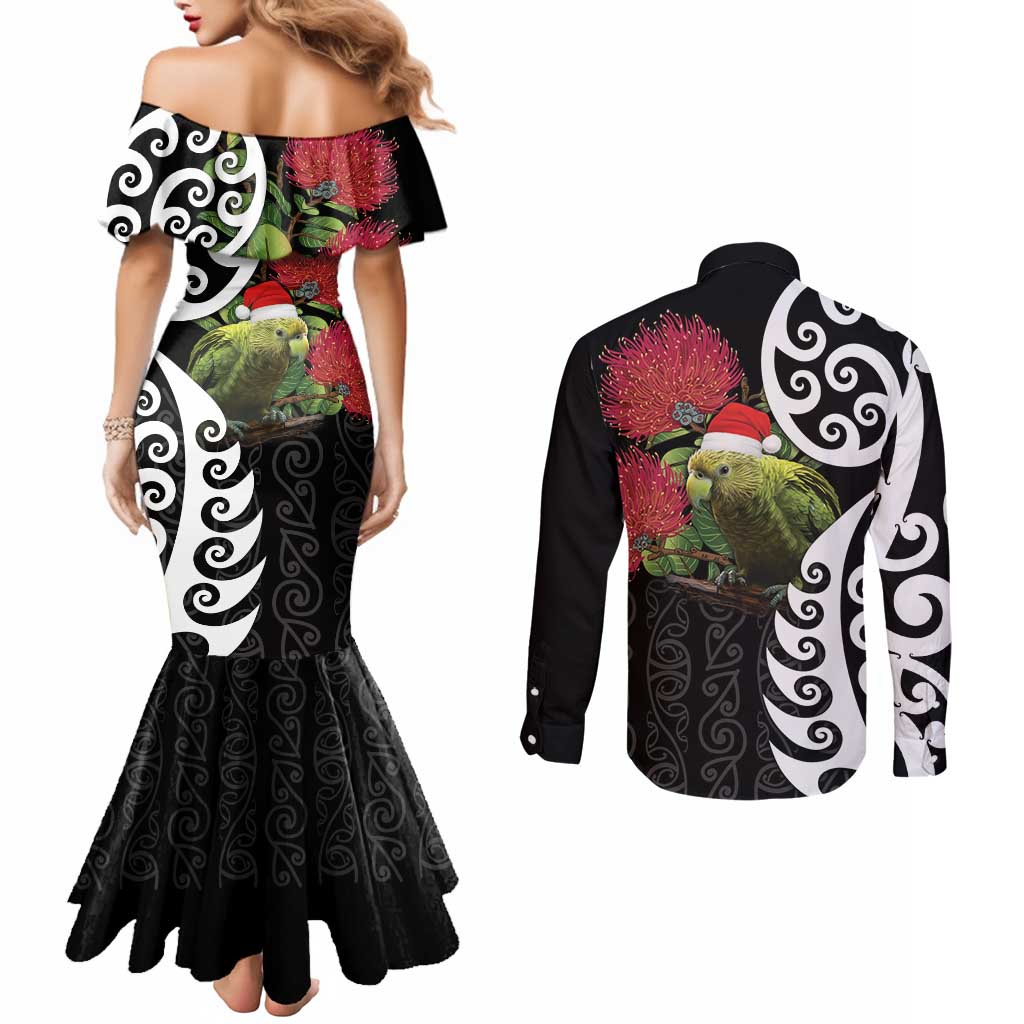 New Zealand Kakapo Christmas Couples Matching Mermaid Dress and Long Sleeve Button Shirt Meri Kirihimete Pohutukawa Flowers