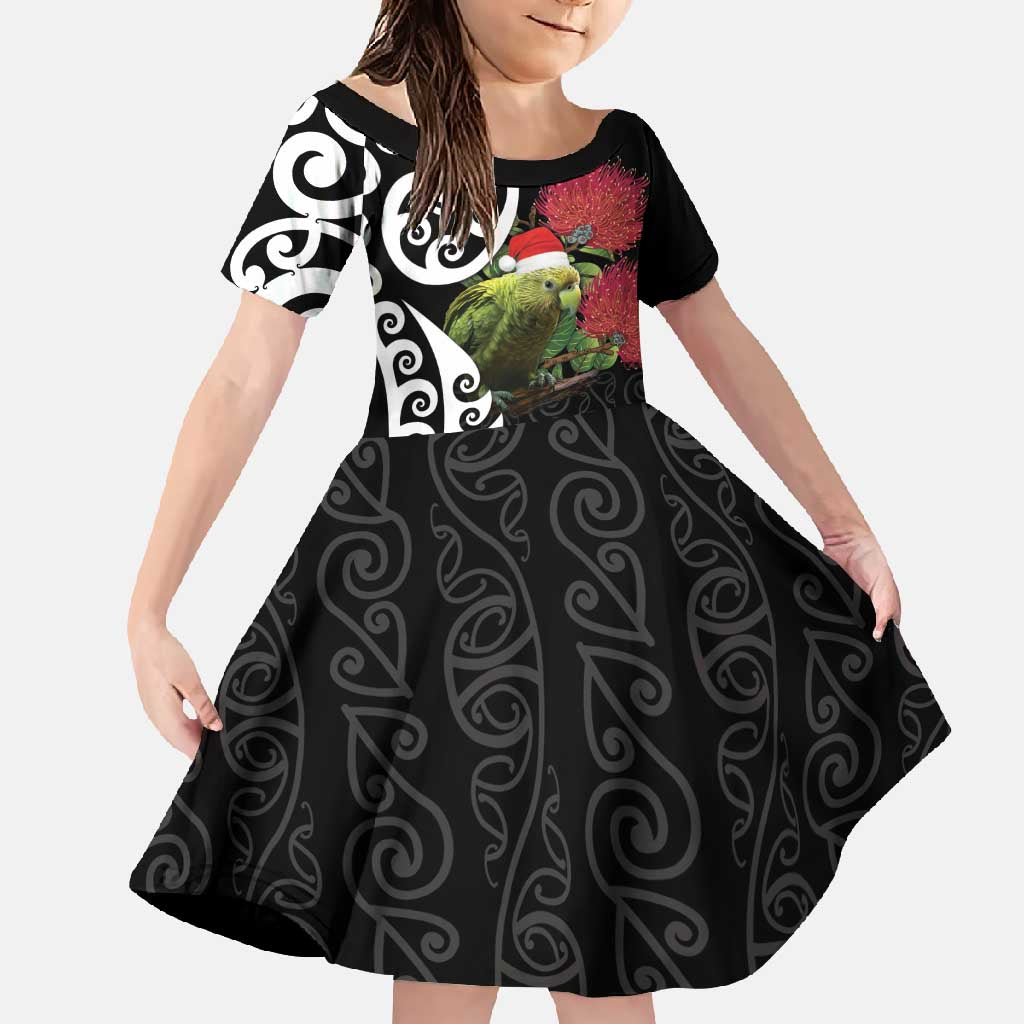 New Zealand Kakapo Christmas Family Matching Long Sleeve Bodycon Dress and Hawaiian Shirt Meri Kirihimete Pohutukawa Flowers LT9 Daughter's Dress Black - Polynesian Pride