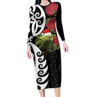 New Zealand Kakapo Christmas Family Matching Long Sleeve Bodycon Dress and Hawaiian Shirt Meri Kirihimete Pohutukawa Flowers LT9 Mom's Dress Black - Polynesian Pride