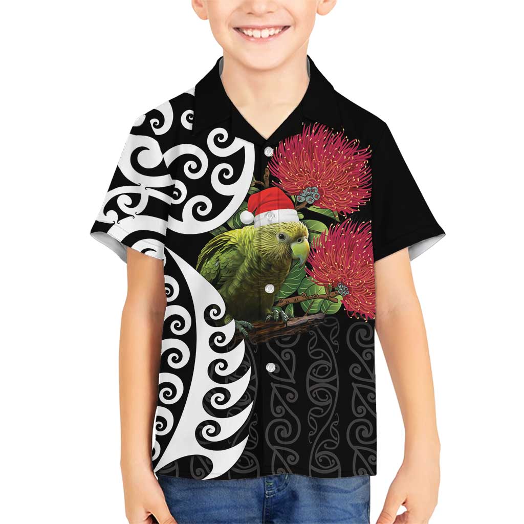 New Zealand Kakapo Christmas Family Matching Long Sleeve Bodycon Dress and Hawaiian Shirt Meri Kirihimete Pohutukawa Flowers LT9 Son's Shirt Black - Polynesian Pride