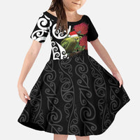 New Zealand Kakapo Christmas Family Matching Mermaid Dress and Hawaiian Shirt Meri Kirihimete Pohutukawa Flowers LT9 Daughter's Dress Black - Polynesian Pride