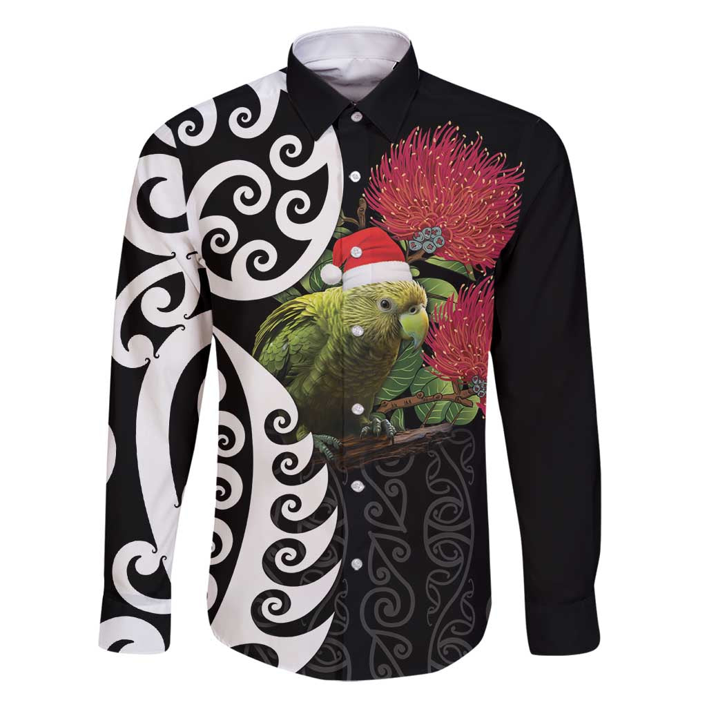 New Zealand Kakapo Christmas Family Matching Mermaid Dress and Hawaiian Shirt Meri Kirihimete Pohutukawa Flowers LT9 Dad's Shirt - Long Sleeve Black - Polynesian Pride
