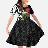 New Zealand Kakapo Christmas Family Matching Off The Shoulder Long Sleeve Dress and Hawaiian Shirt Meri Kirihimete Pohutukawa Flowers LT9 Daughter's Dress Black - Polynesian Pride
