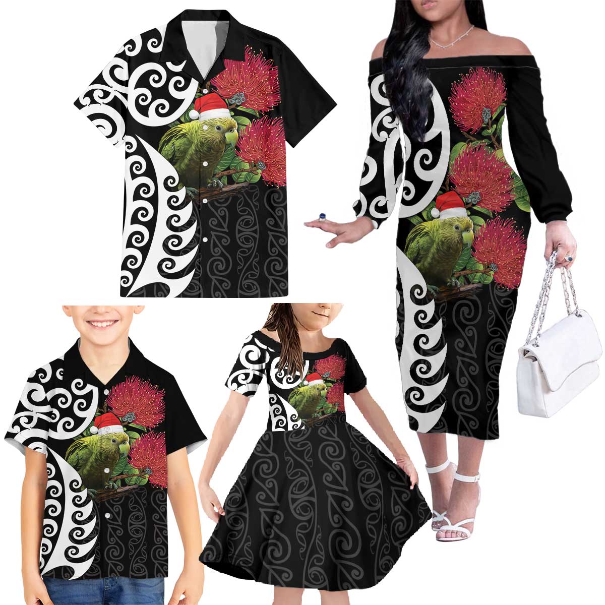 New Zealand Kakapo Christmas Family Matching Off The Shoulder Long Sleeve Dress and Hawaiian Shirt Meri Kirihimete Pohutukawa Flowers LT9 - Polynesian Pride
