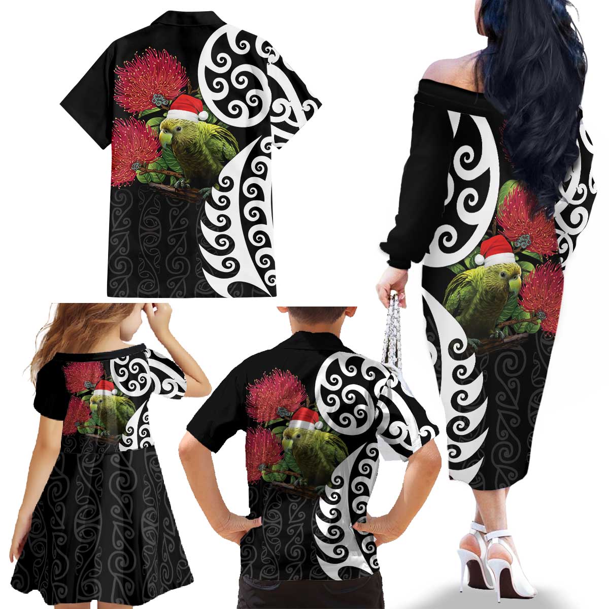 New Zealand Kakapo Christmas Family Matching Off The Shoulder Long Sleeve Dress and Hawaiian Shirt Meri Kirihimete Pohutukawa Flowers LT9 - Polynesian Pride