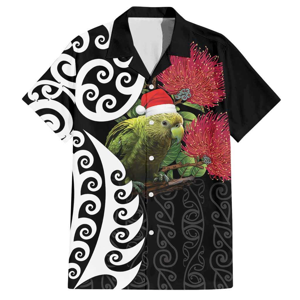New Zealand Kakapo Christmas Family Matching Short Sleeve Bodycon Dress and Hawaiian Shirt Meri Kirihimete Pohutukawa Flowers LT9 Dad's Shirt - Short Sleeve Black - Polynesian Pride