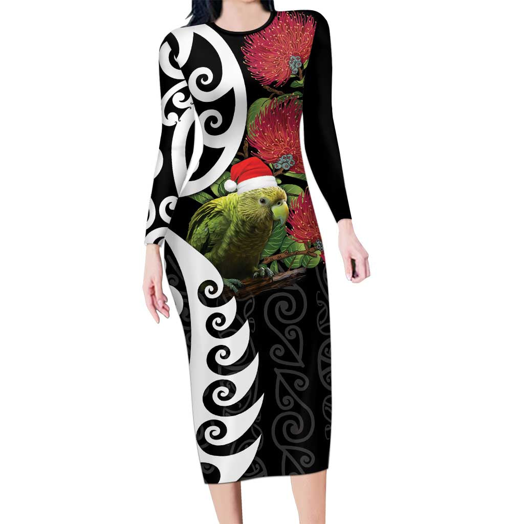 New Zealand Kakapo Christmas Long Sleeve Bodycon Dress Meri Kirihimete Pohutukawa Flowers LT9 Long Dress Black - Polynesian Pride