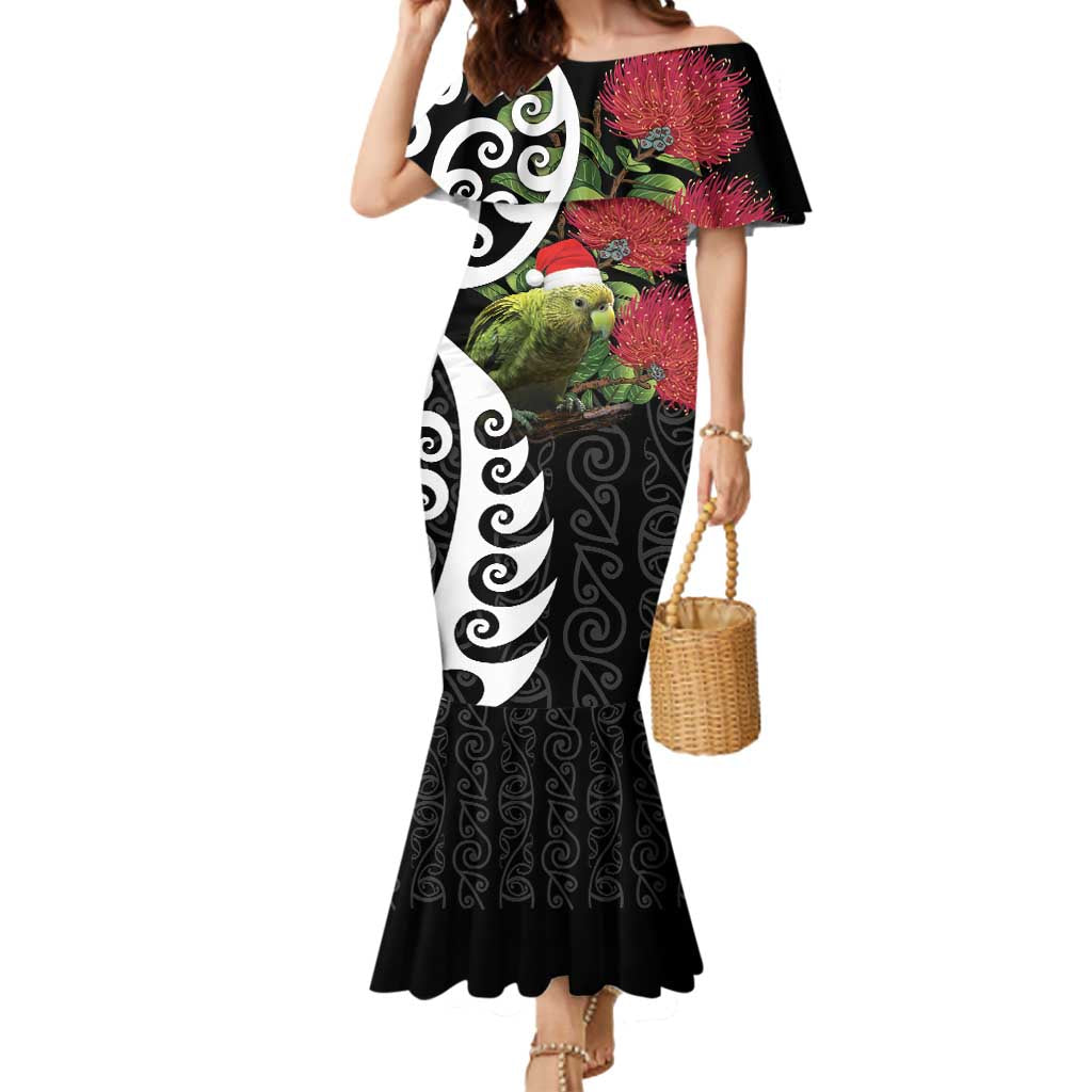 New Zealand Kakapo Christmas Mermaid Dress Meri Kirihimete Pohutukawa Flowers LT9 Women Black - Polynesian Pride
