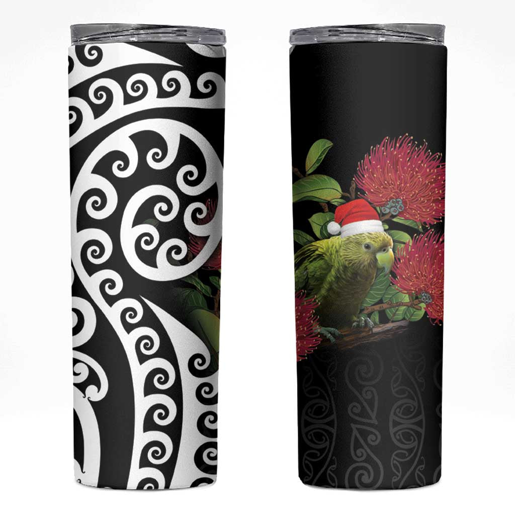New Zealand Kakapo Christmas Skinny Tumbler Meri Kirihimete Pohutukawa Flowers LT9 Black - Polynesian Pride