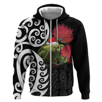 New Zealand Kakapo Christmas Zip Hoodie Meri Kirihimete Pohutukawa Flowers LT9 Zip Hoodie Black - Polynesian Pride