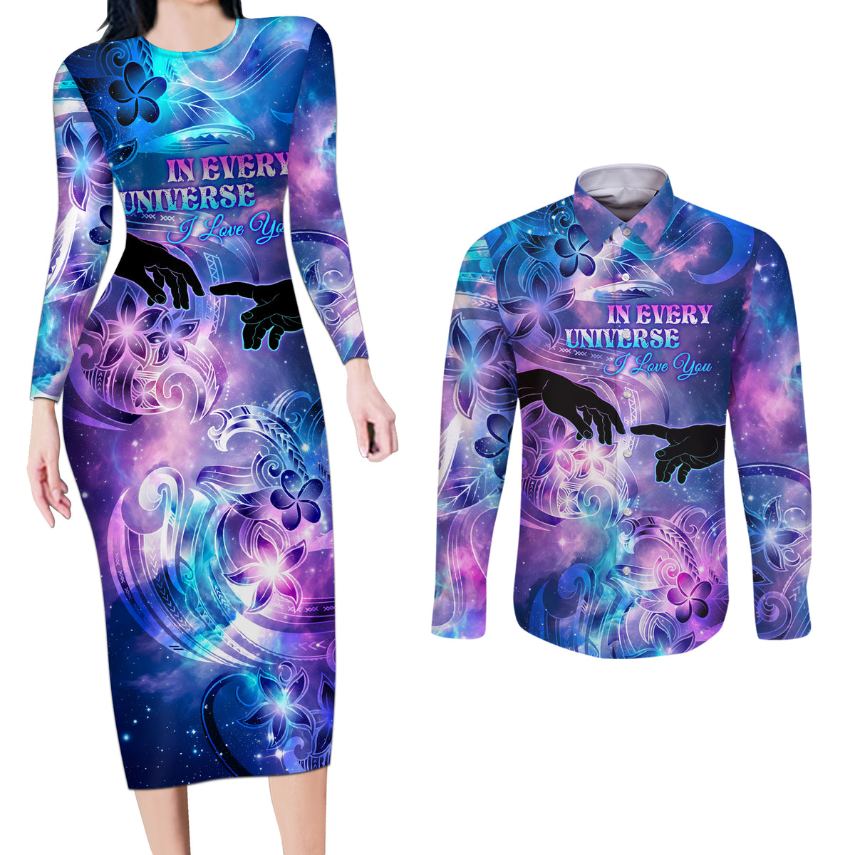 I Love You In Every Universe Personalised Couples Matching Long Sleeve Bodycon Dress and Long Sleeve Button Shirt Polynesian Pattern Galaxy Style LT9 Galaxy - Polynesian Pride