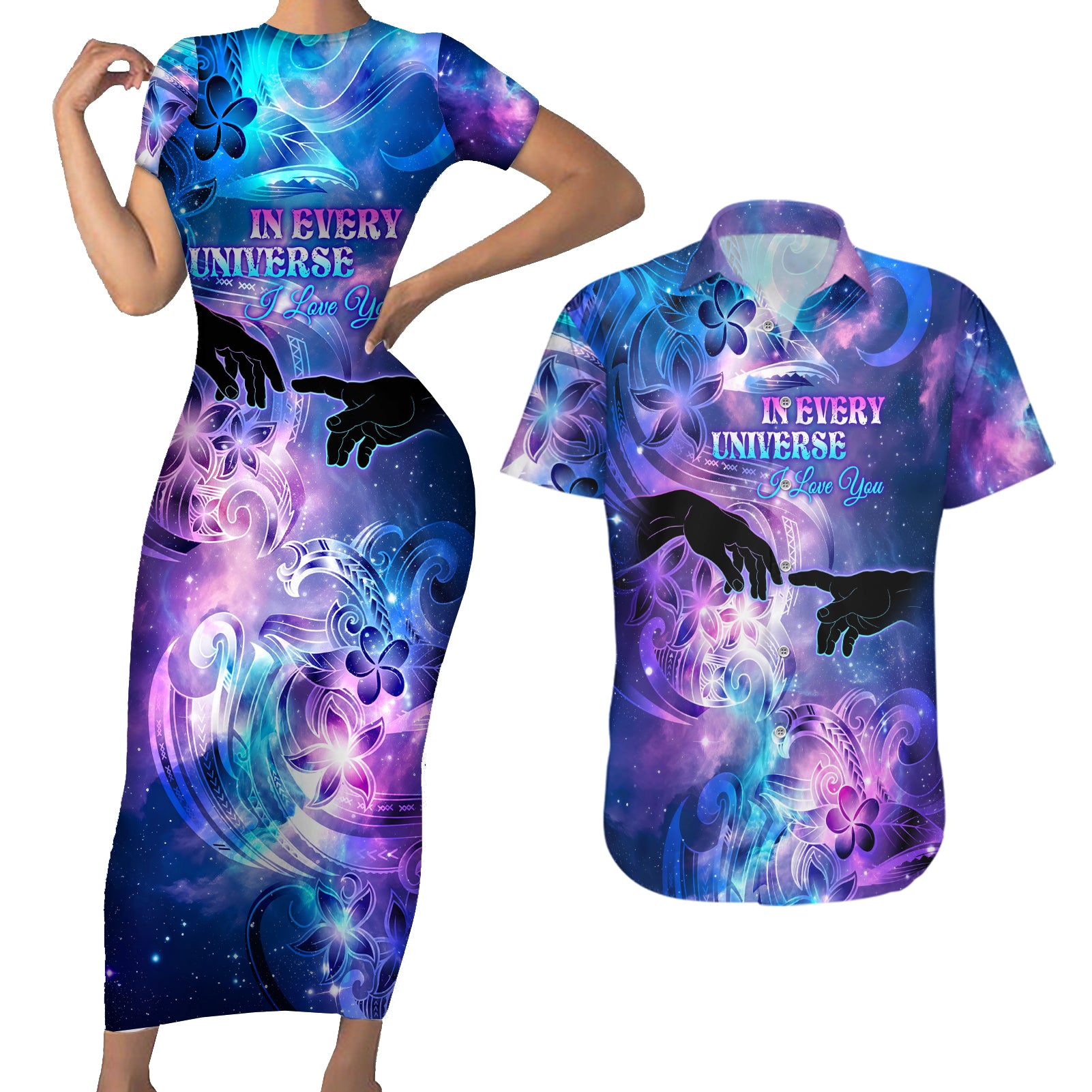 I Love You In Every Universe Personalised Couples Matching Short Sleeve Bodycon Dress and Hawaiian Shirt Polynesian Pattern Galaxy Style LT9 Galaxy - Polynesian Pride