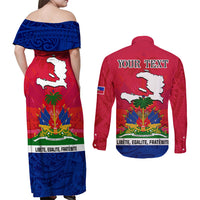 Haiti Independence Day Couples Matching Off Shoulder Maxi Dress and Long Sleeve Button Shirt Libete Egalite Fratenite Ayiti 1804 With Polynesian Pattern LT9 - Polynesian Pride
