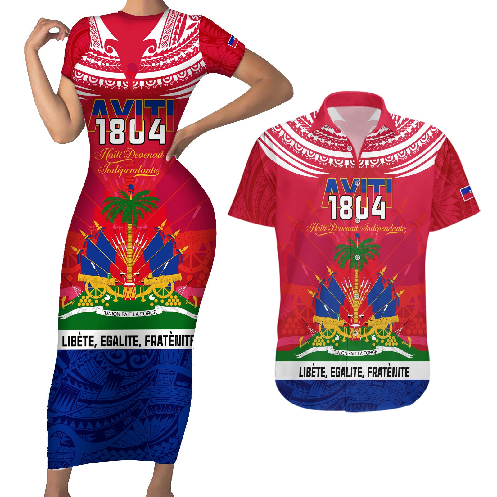 Haiti Independence Day Couples Matching Short Sleeve Bodycon Dress and Hawaiian Shirt Libete Egalite Fratenite Ayiti 1804 With Polynesian Pattern LT9 Red - Polynesian Pride