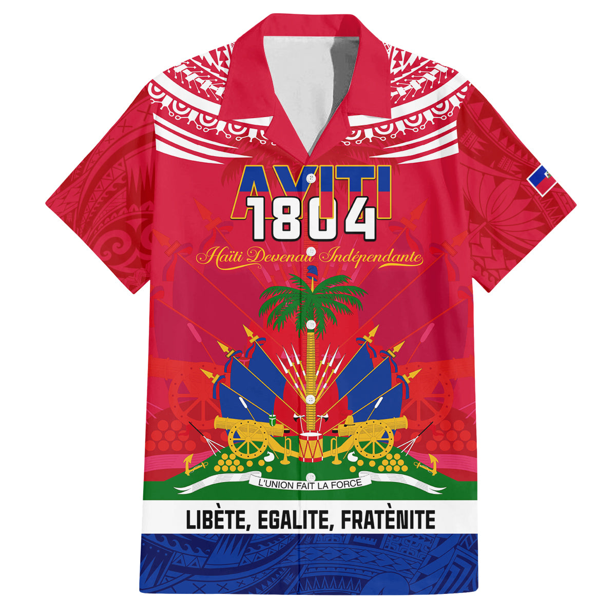 Haiti Independence Day Family Matching Off Shoulder Long Sleeve Dress and Hawaiian Shirt Libete Egalite Fratenite Ayiti 1804 With Polynesian Pattern LT9 Dad's Shirt - Short Sleeve Red - Polynesian Pride
