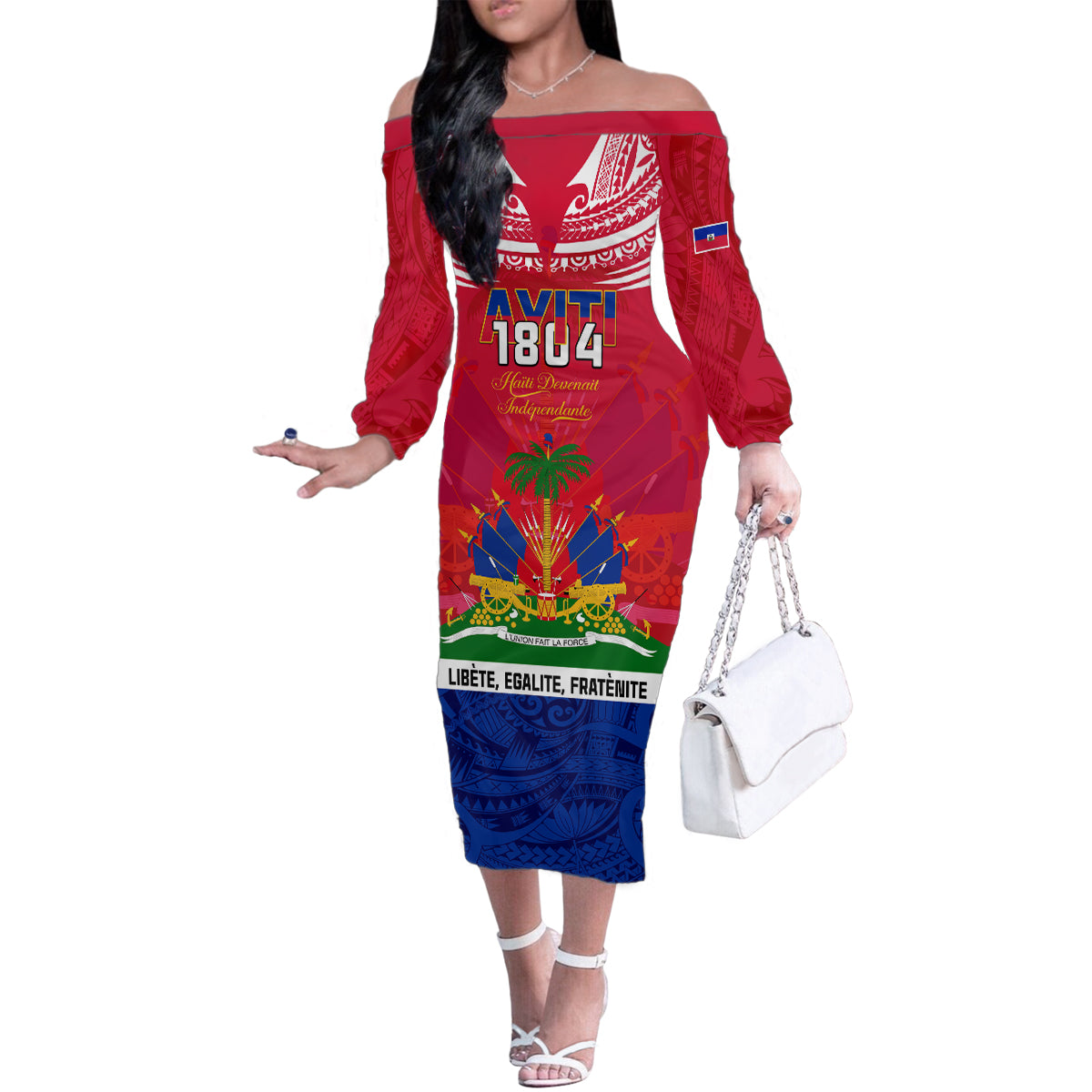 Haiti Independence Day Family Matching Off Shoulder Long Sleeve Dress and Hawaiian Shirt Libete Egalite Fratenite Ayiti 1804 With Polynesian Pattern LT9 Mom's Dress Red - Polynesian Pride