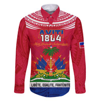 Haiti Independence Day Family Matching Off Shoulder Maxi Dress and Hawaiian Shirt Libete Egalite Fratenite Ayiti 1804 With Polynesian Pattern LT9 Dad's Shirt - Long Sleeve Red - Polynesian Pride