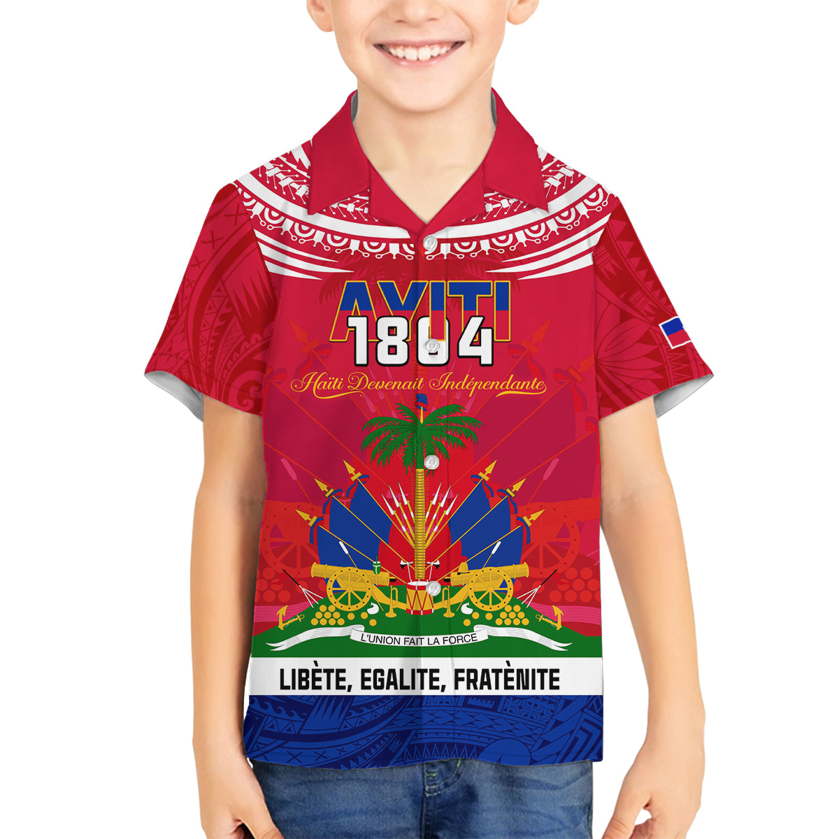 Haiti Independence Day Family Matching Off Shoulder Short Dress and Hawaiian Shirt Libete Egalite Fratenite Ayiti 1804 With Polynesian Pattern LT9 Son's Shirt Red - Polynesian Pride