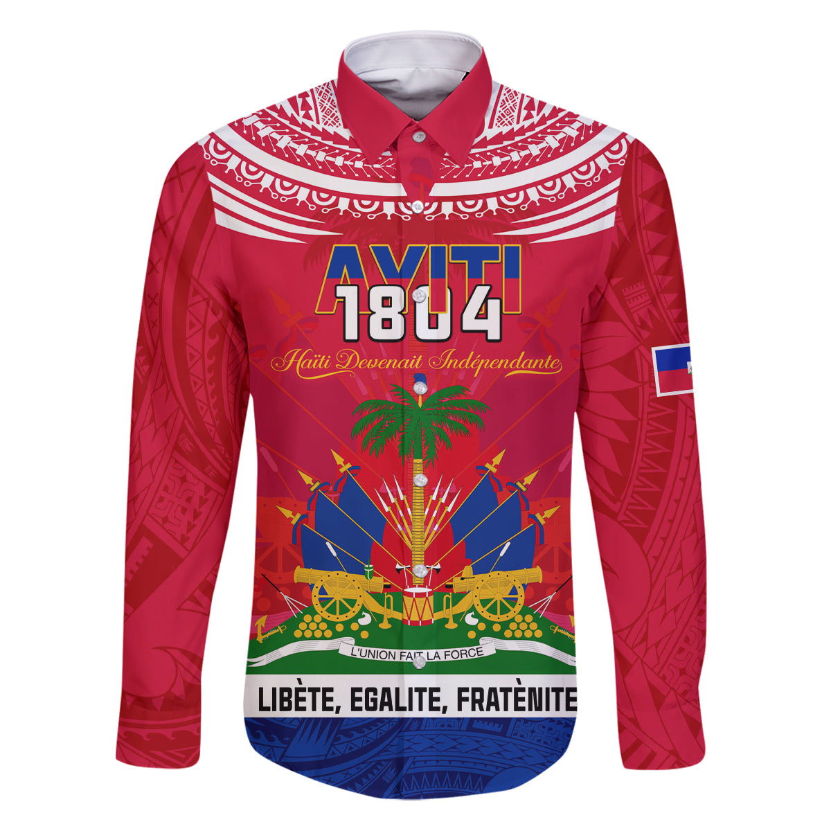 Haiti Independence Day Family Matching Puletasi Dress and Hawaiian Shirt Libete Egalite Fratenite Ayiti 1804 With Polynesian Pattern LT9 Dad's Shirt - Long Sleeve Red - Polynesian Pride
