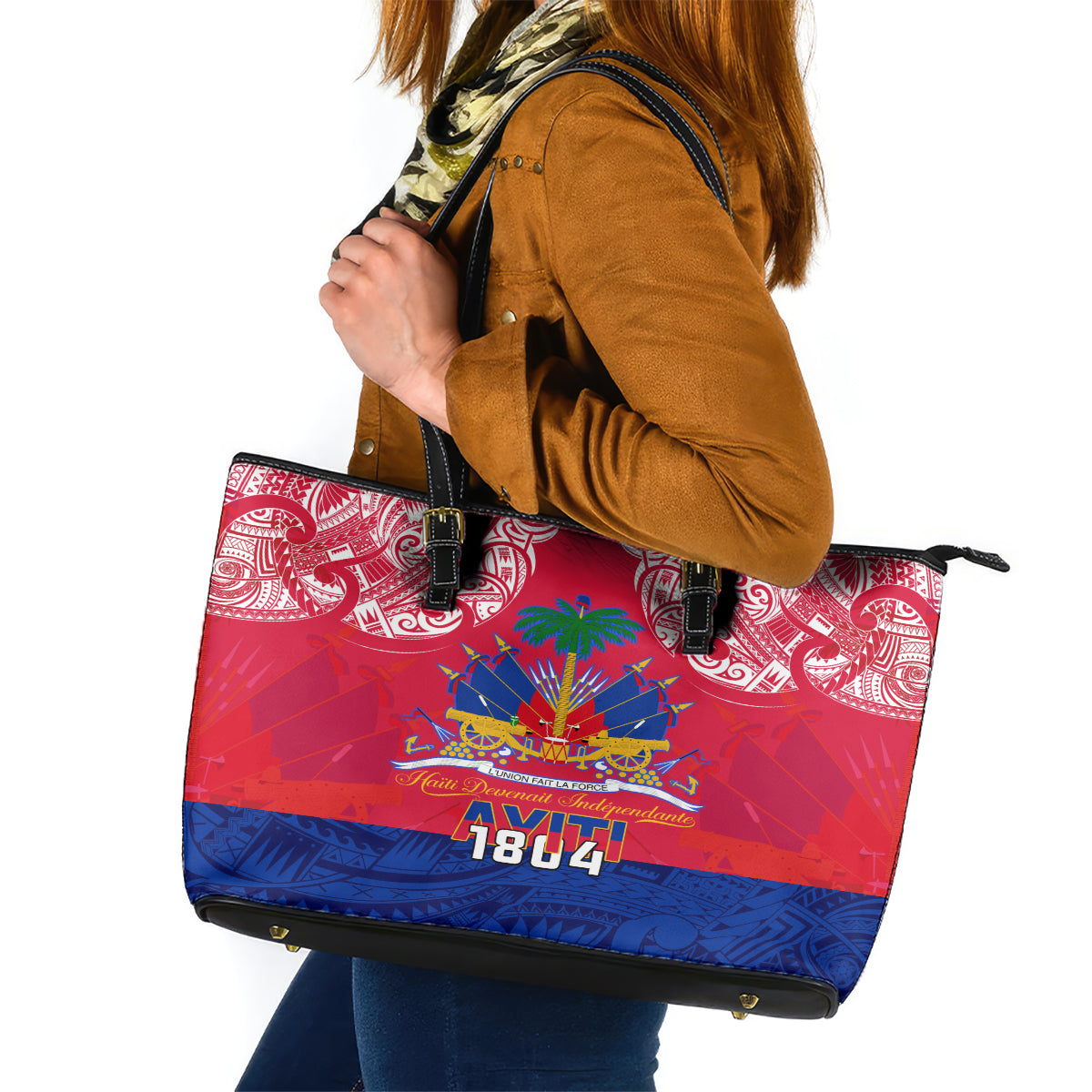 Haiti Independence Day Leather Tote Bag Libete Egalite Fratenite Ayiti 1804 With Polynesian Pattern LT9 Red - Polynesian Pride