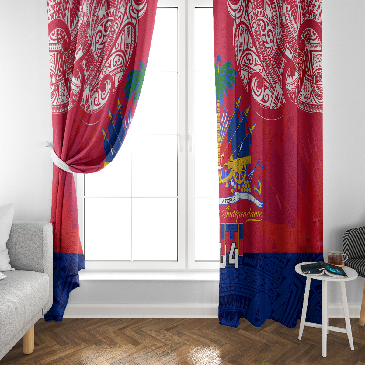 Haiti Independence Day Window Curtain Libete Egalite Fratenite Ayiti 1804 With Polynesian Pattern LT9 - Polynesian Pride