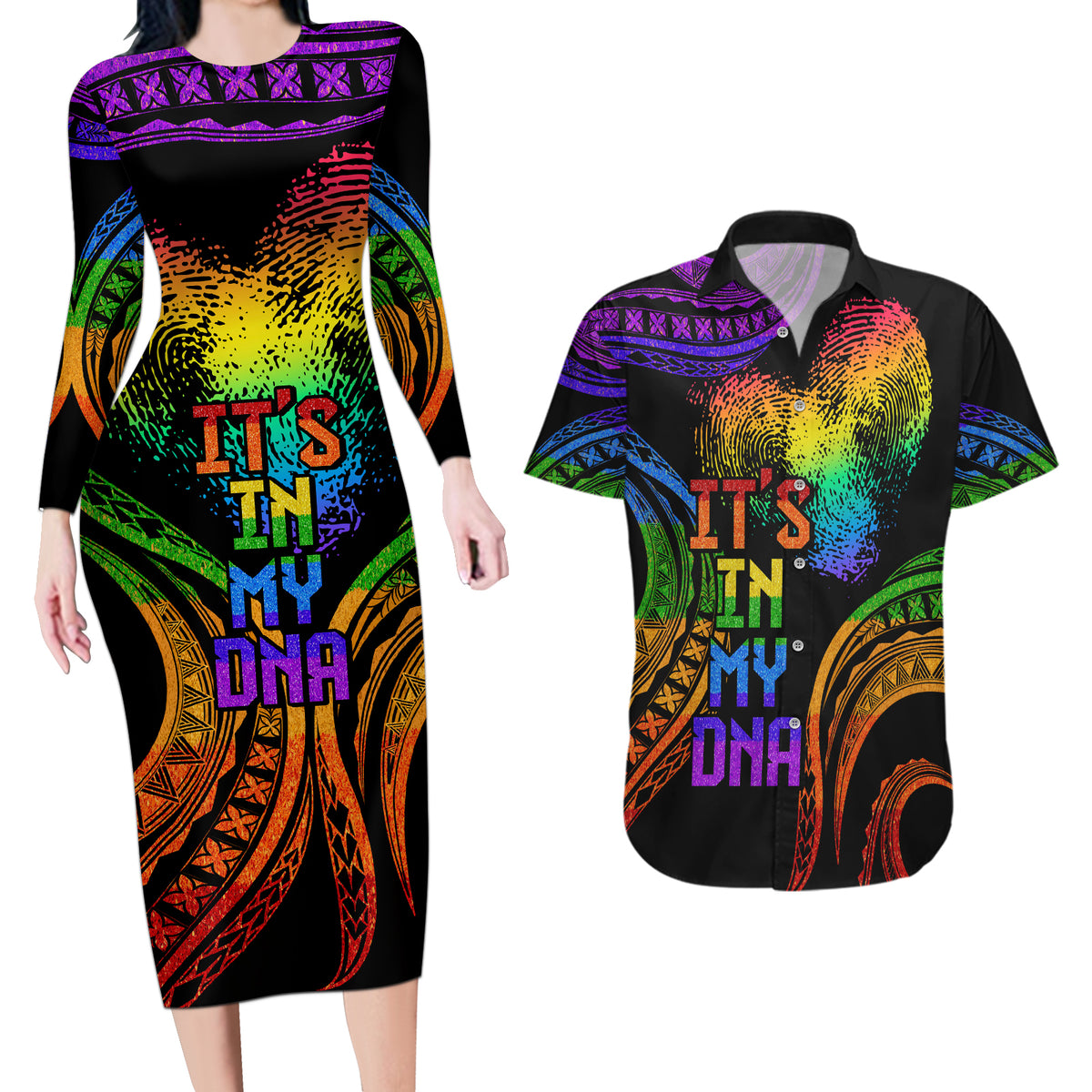 Personalised Its In My DNA Valentine Day Couples Matching Long Sleeve Bodycon Dress and Hawaiian Shirt Fingerprint Heart with Color Pride Flag LT9 No Dress - Polynesian Pride