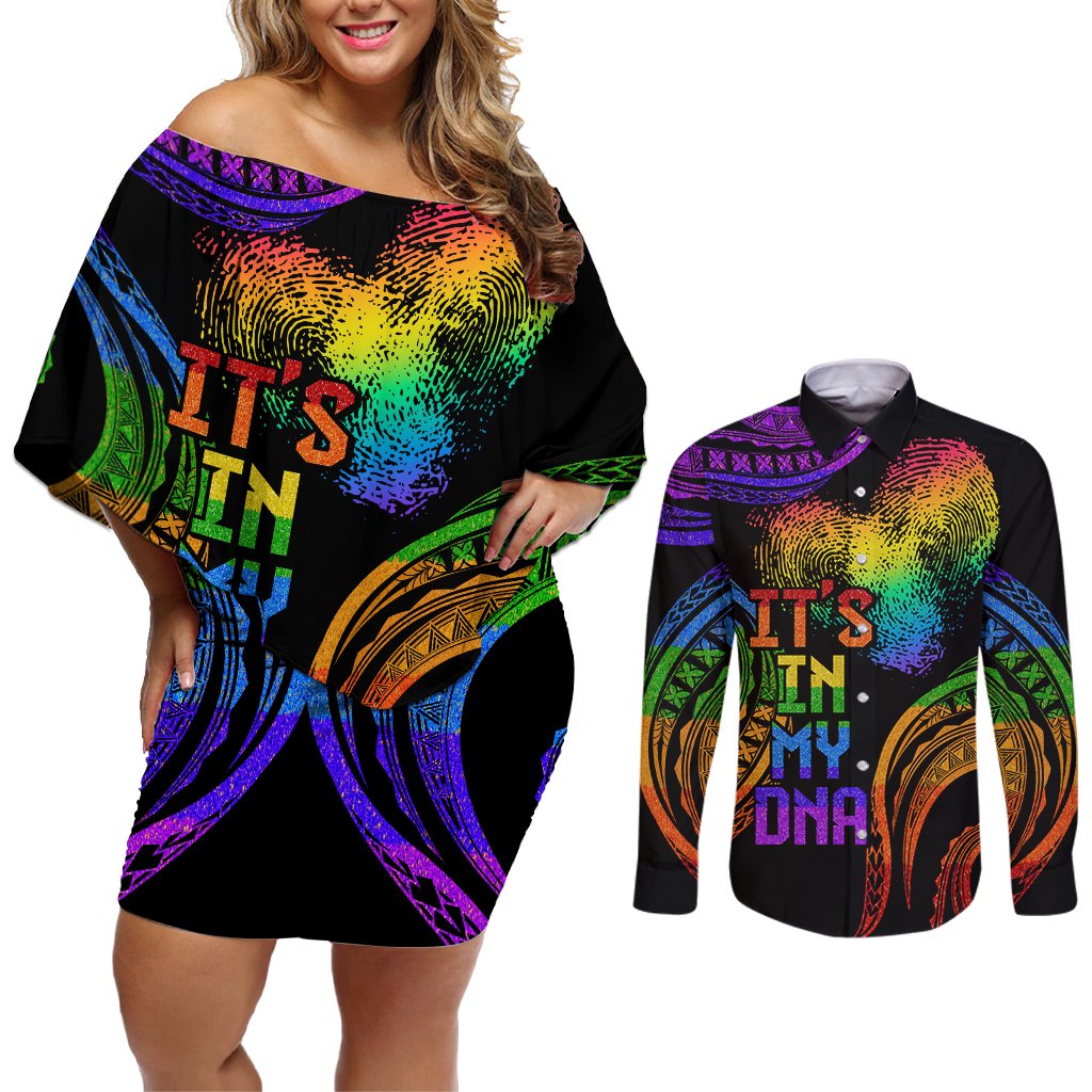 Personalised Its In My DNA Valentine Day Couples Matching Off Shoulder Short Dress and Long Sleeve Button Shirt Fingerprint Heart with Color Pride Flag LT9 No Dress - Polynesian Pride