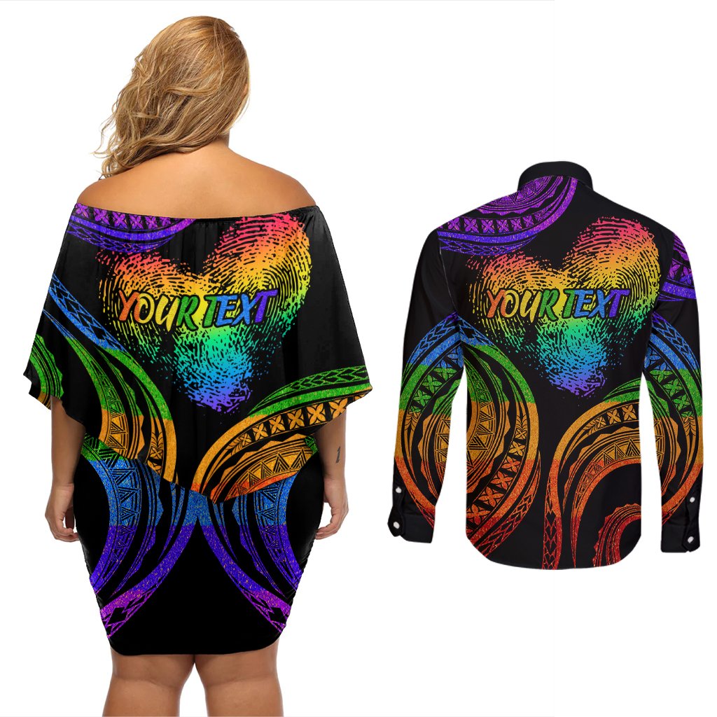 Personalised Its In My DNA Valentine Day Couples Matching Off Shoulder Short Dress and Long Sleeve Button Shirt Fingerprint Heart with Color Pride Flag LT9 - Polynesian Pride
